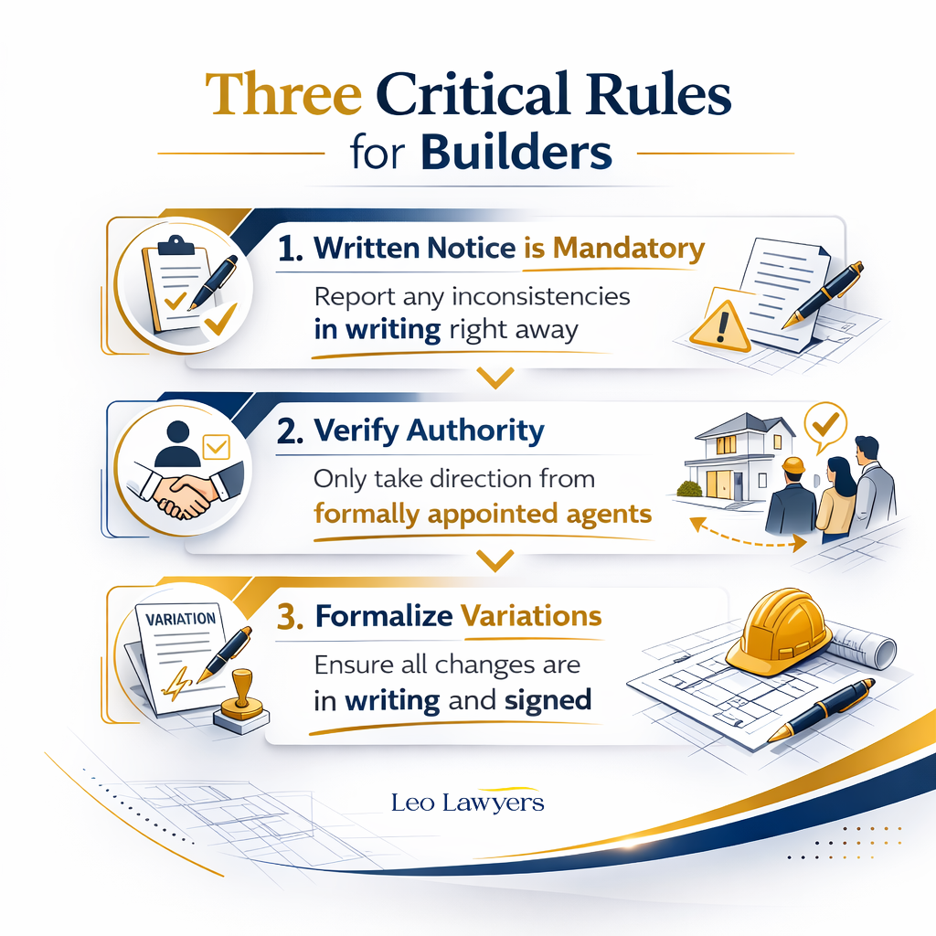 Square corporate infographic titled “Three Critical Rules for Builders” in navy and gold on a white background. It lists: (1) Written Notice is Mandatory – report inconsistencies in writing immediately; (2) Verify Authority – only take direction from formally appointed agents; and (3) Formalize Variations – ensure all changes are in writing and signed. Construction-themed icons accompany each rule.