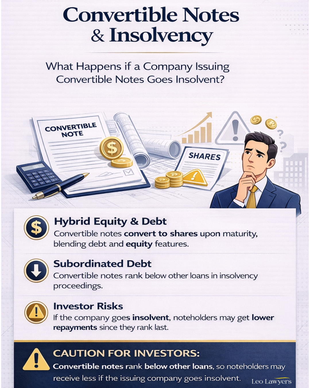 Illustration of a balance scale comparing a convertible note and shares, with coins and financial documents on each side. Below the scale is a cracked building labelled “Company” stamped “Insolvent,” symbolising the risks to convertible noteholders when a company enters liquidation. The design uses navy blue and gold corporate colours on a clean white background.