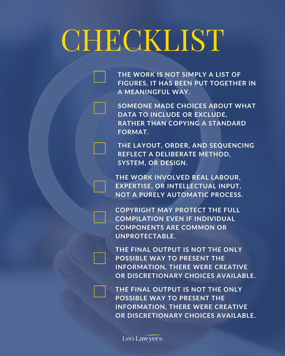 More than just raw numbersThe work is not simply a list of figures, it has been put together in a meaningful way.

Selection involved judgment
Someone made choices about what data to include or exclude, rather than copying a standard format.

Arrangement shows structure
The layout, order, and sequencing reflect a deliberate method, system, or design.

Compilation required skill and effort
The work involved real labour, expertise, or intellectual input, not a purely automatic process.

The work is an integrated whole
Copyright may protect the full compilation even if individual components are common or unprotectable.

Not purely dictated by function
The final output is not the only possible way to present the information, there were creative or discretionary choices available.

Created by or for the rights holder
There is a clear link between authorship and ownership, including employee or commissioned creation where applicable.