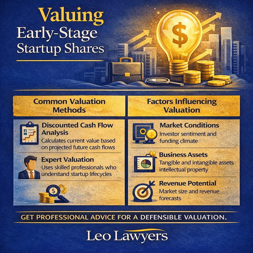 Square Instagram-style infographic titled “Valuing Early-Stage Startup Shares” in a navy blue, gold, and white colour scheme. The design features a glowing lightbulb with a dollar sign, coins, and a city skyline to represent growth and valuation. The layout is split into two sections: “Common Valuation Methods” (including discounted cash flow analysis and expert valuation) and “Factors Influencing Valuation” (including market conditions, business assets, and revenue potential). A call-to-action reads “Get professional advice for a defensible valuation,” with the Leo Lawyers logo displayed at the bottom.