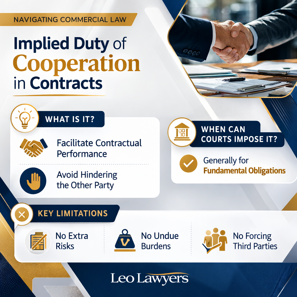 Square Instagram-style legal infographic titled ‘Implied Duty of Cooperation in Contracts’ featuring a modern layout with a handshake image, explaining key concepts including facilitating contractual performance, avoiding hindrance, when courts impose the duty for fundamental obligations, and limitations such as no extra risks, no undue burdens, and no forcing third parties, in a navy blue, gold, and white Leo Lawyers design.
