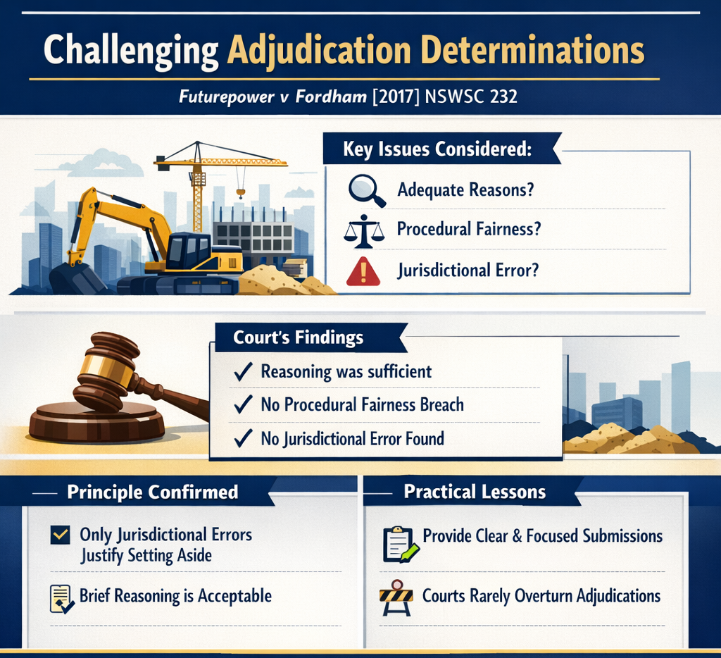 Square legal infographic summarising Futurepower Developments Pty Ltd v Fordham [2017] NSWSC 232, outlining key issues in challenging adjudication determinations