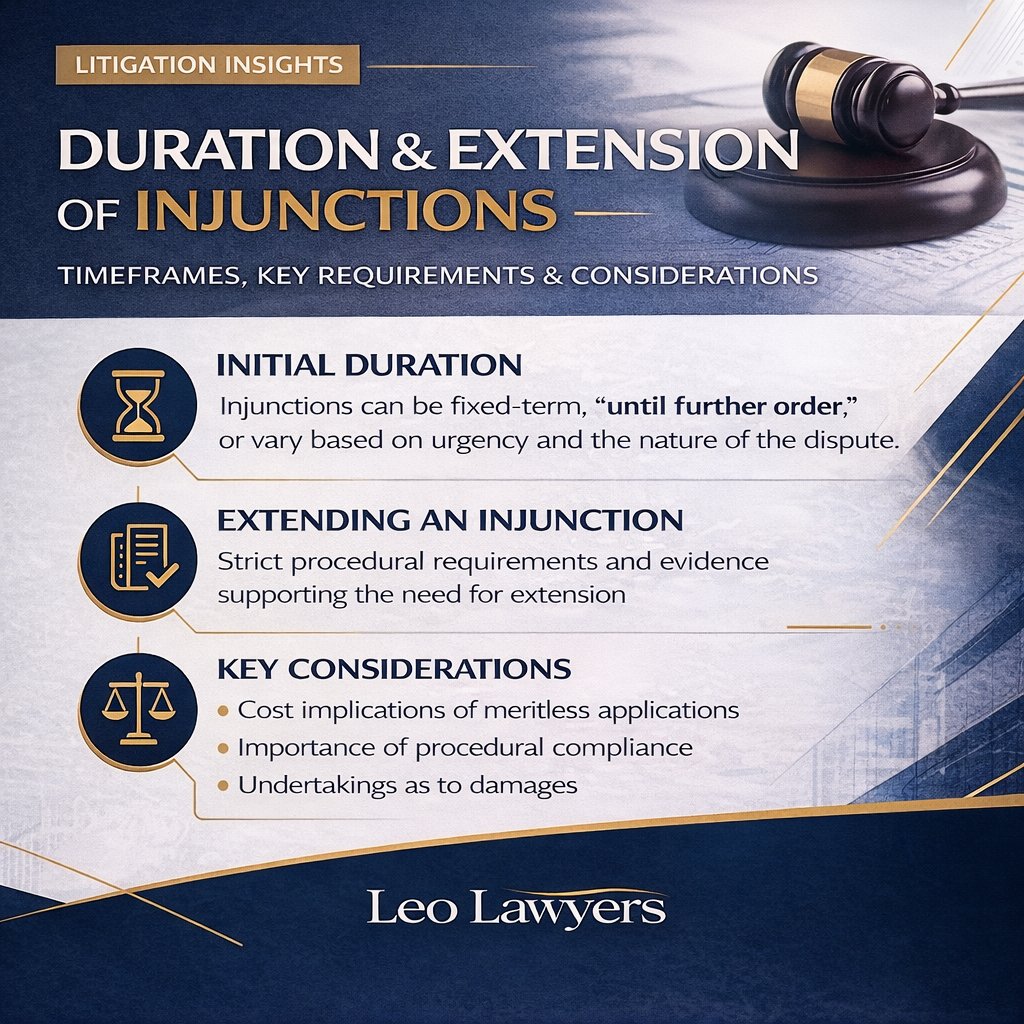 Square legal infographic titled “Duration & Extension of Injunctions.” The graphic explains how injunctions may be fixed-term, short-term interim, or last “until further order,” and outlines the process for extending an injunction through court application. It highlights key considerations including procedural compliance, evidence supporting the need for extension, cost implications, and undertakings as to damages. The design uses navy, gold, white, and grey with the Leo Lawyers logo at the bottom.
