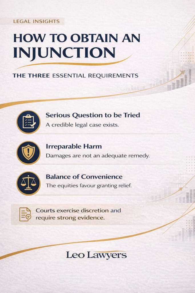 Square legal infographic titled “How to Obtain an Injunction.” The design uses a clean white background with navy blue and gold accents and outlines the three essential requirements for an interlocutory injunction in Australian courts: a serious question to be tried, irreparable harm that cannot be adequately remedied by damages, and the balance of convenience favouring the applicant. The graphic also notes that courts exercise discretion and require strong supporting evidence, with the Leo Lawyers logo displayed at the bottom.