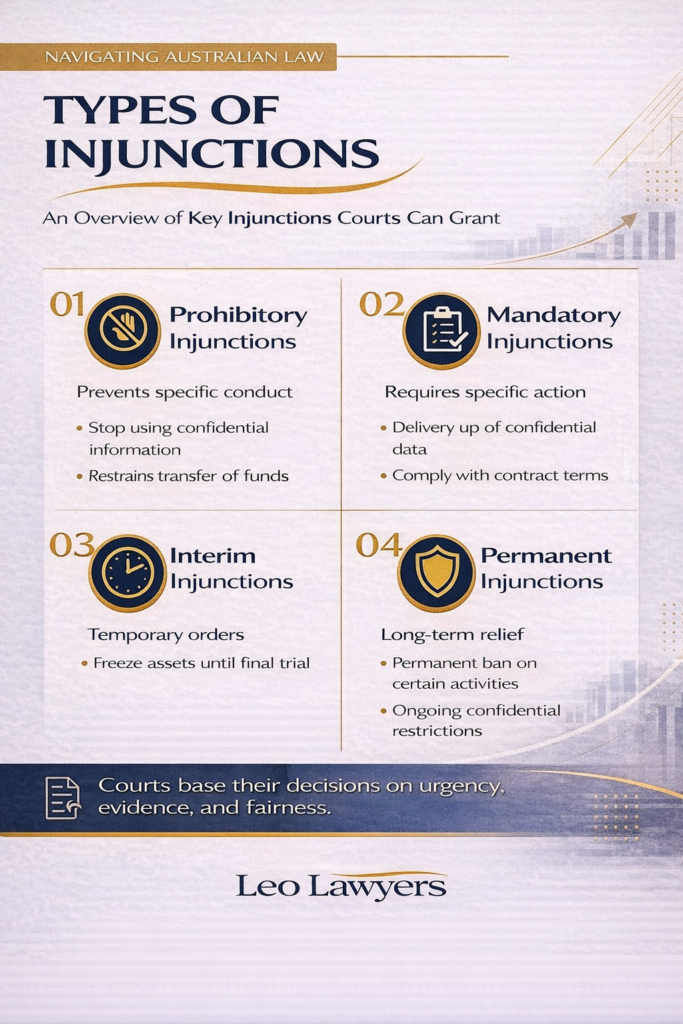 “Square legal infographic explaining the main types of injunctions in Australian law, including prohibitory, mandatory, interim, and permanent injunctions, presented in a clean corporate design using navy blue, gold, and white with the Leo Lawyers logo.”