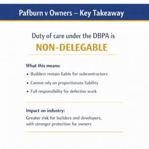 Pafburn v Owners infographic explaining non-delegable duty of care under the Design and Building Practitioners Act and its impact on builders, developers, and construction liability in Australia.