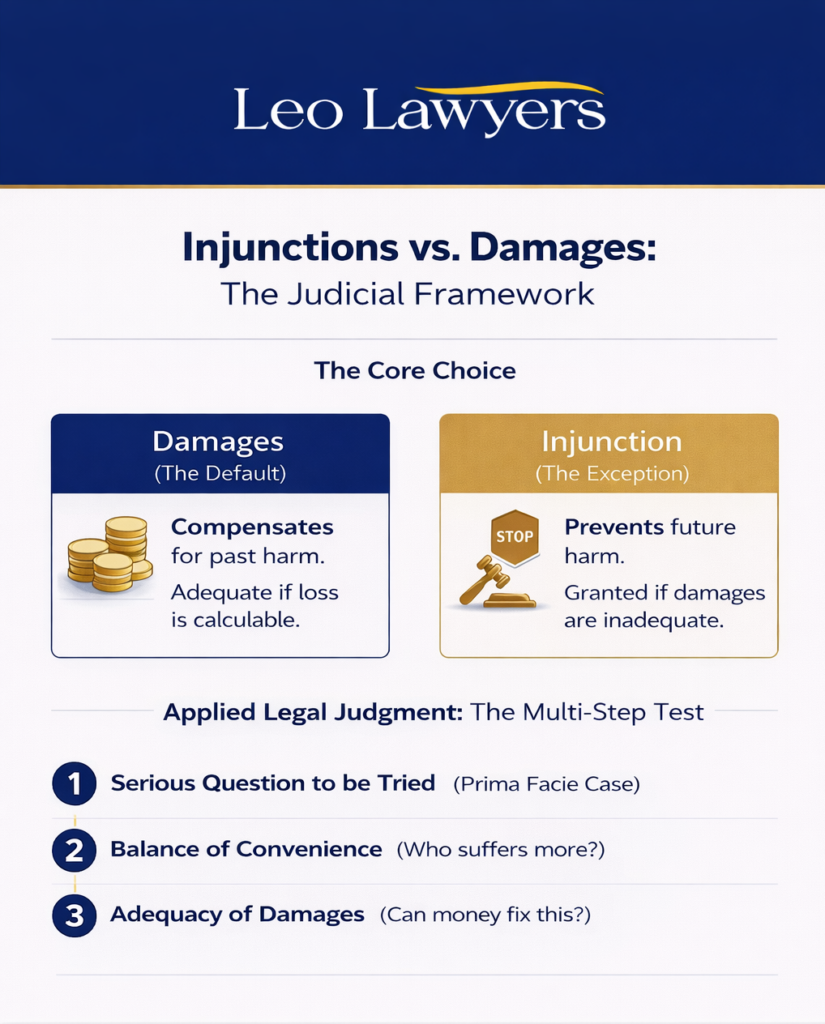 Minimalist navy and gold legal infographic by Leo Lawyers titled “Injunctions vs. Damages: The Judicial Framework.” The design contrasts Damages (the default remedy, compensating for past harm where loss is calculable) with Injunctions (the exception, preventing future harm where damages are inadequate). Below, a three-step judicial test is outlined: Serious Question to be Tried (prima facie case), Balance of Convenience, and Adequacy of Damages. The Leo Lawyers logo and contact details appear in the footer.