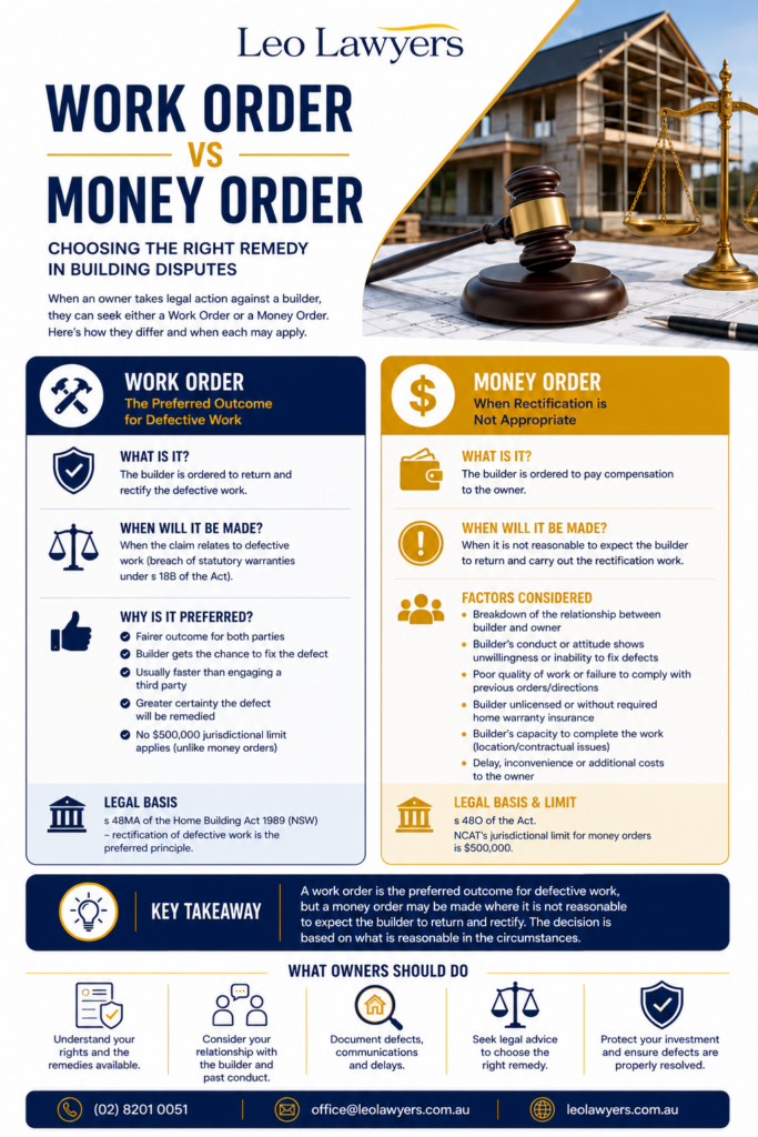 Infographic by Leo Lawyers comparing “Work Orders” and “Money Orders” in NSW building disputes. The graphic explains that a work order is generally the preferred remedy for defective building work, requiring the builder to return and rectify defects, while a money order involves compensation where rectification is not appropriate. The infographic outlines key differences, factors courts and tribunals consider, legal basis under the Home Building Act 1989 (NSW), and practical considerations for homeowners involved in construction disputes.
